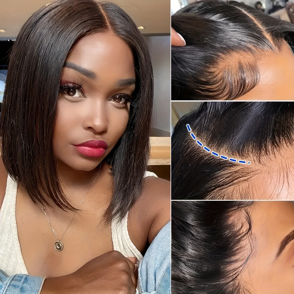 Glowing Short Bob Human Hair Wig - Super Dense 180% Volume with Seamless 13x4 Lace Front, Flawless Natural Hairline & Cute Baby Hair - Realistic and Irresistible